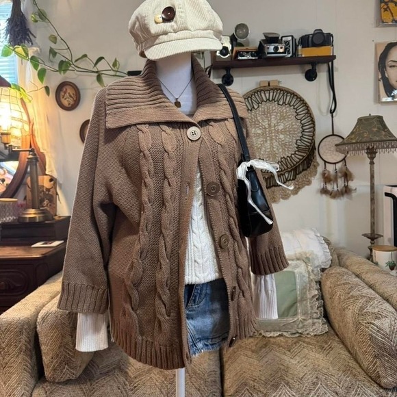 croft & barrow Sweaters - Croft & Barrow Brown Cable Knit Cardigan Sweater XL Oversized Button Front